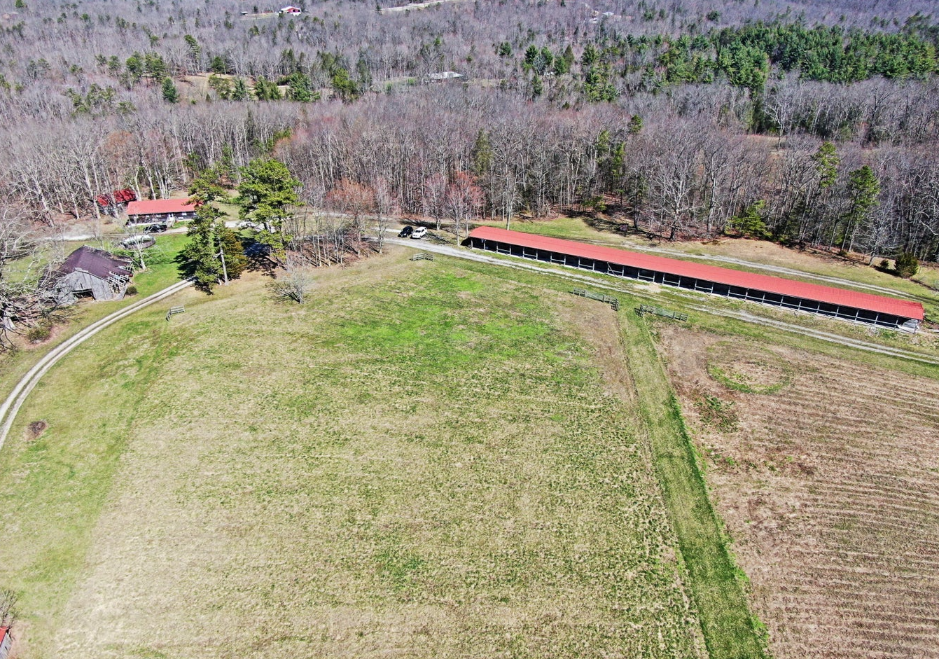 Aerial view of Laurel Creek’s barn and pasture
